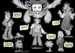  2547waa 6+boys acronym aged_up anger_vein animal_ears asriel_dreemurr asriel_dreemurr_(god_of_hyperdeath) bag black_background black_fur black_sclera closed_eyes collared_shirt colored_sclera deltarune design_speculation extra_eyes facial_mark fangs flower flowery_(deltarune) flowey_(undertale) furry furry_male glasses goat_boy goat_ears goat_horns greyscale hat heart heart_locket highres holding horns jacket jewelry locket long_sleeves male_focus monochrome monster multiple_boys open_mouth pants pendant photoshop_flowey plant profanity ralsei ralsei_(hat) robe round_eyewear scarf shaded_face shirt short_hair shoulder_bag signature simple_background squinting striped_clothes teeth trait_connection twitter_username undertale utdr_(toby_fox) vest vines white_fur white_shirt wire 