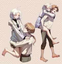 1boy 1girl absurdres ahoge barefoot blonde_hair carrying chinese_commentary commentary_request dress elf eredhen full_body green_eyes grey_background grey_pants grey_shorts highres hug_carry husband_and_wife long_hair long_sleeves looking_at_another multiple_views mushoku_tensei open_mouth orange_hair pants parted_bangs parted_lips piggyback pointy_ears ponytail rudeus_greyrat shirt shorts smile soles standing sylphiette_(mushoku_tensei) toes walking white_dress white_hair white_shirt 