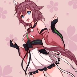  1girl animal_ears bare_shoulders blue_eyes breasts brown_hair detached_sleeves ear_covers fingerless_gloves flower gloves hair_between_eyes hair_flaps hair_flower hair_ornament horse_ears horse_girl horse_tail japanese_clothes kimono looking_at_viewer medium_hair open_mouth pink_hair pink_kimono pink_sleeves sakura_chiyono_o_(strength_in_full_bloom)_(umamusume) sakura_chiyono_o_(umamusume) skirt sleeveless sleeveless_kimono smile solo tail teeth umamusume upper_teeth_only white_skirt windg0 