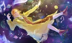  1boy absurdres bow bowtie brown_hair brown_pants brown_vest chinese_commentary classicaloid coat commentary_request commission falling franz_schubert_(classicaloid) glasses green_bow green_bowtie highres luxiyade male_focus musical_note musical_staff outstretched_arm pants socks solo star_(sky) treble_clef vest white_socks yellow_coat 