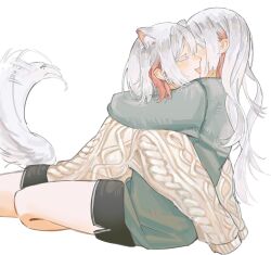  2girls :d animal_ear_fluff animal_ears aran_sweater black_shorts blush brown_sweater cable_knit closed_eyes colored_eyelashes commentary_request cuddling eraseoao from_side green_sweater highres hug long_hair multicolored_hair multiple_girls mutual_hug open_mouth orange_streaks original profile short_hair short_shorts shorts simple_background sitting smile straight_hair streaked_hair sweater tail tail_wagging wavy_hair white_background white_eyelashes white_hair yuri 
