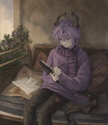  1boy ahoge alternate_costume autumn_leaves black_pants blush book bright_pupils closed_mouth couch diamond-shaped_pupils diamond_(shape) dragon_boy dragon_horns dragon_tail durin_(genshin_impact) feet_out_of_frame flower genshin_impact hair_between_eyes hands_up highres holding holding_book holding_pen horns indoors leaf long_sleeves looking_at_object looking_down male_focus maple_leaf missing_wings on_couch pants pen pillow pink_eyes puffy_long_sleeves puffy_sleeves purple_flower purple_hair purple_rose purple_scarf purple_sweater red_flower red_rose rose scarf short_hair sidelocks sitting smile solo striped_clothes striped_scarf sweater symbol-shaped_pupils tail white_pupils writing yoruli_e 