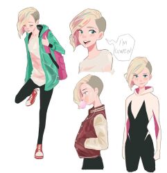  1girl asymmetrical_hair backpack bag black_bodysuit black_pants blonde_hair blowing_bubble_gum blue_eyes blush blush_stickers bodysuit character_name chewing_gum closed_eyes closed_mouth commentary cropped_legs cropped_shoulders dike_akbar earphones english_commentary english_text full_body green_jacket gwen_stacy hands_in_pockets holding_strap hood hooded_bodysuit hooded_jacket jacket letterman_jacket lips long_sleeves marvel multicolored_bodysuit multiple_views open_clothes open_jacket open_mouth pants pink_bag red_jacket red_shoes shirt shoes short_hair sidecut simple_background speech_bubble spider-gwen spider-man:_into_the_spider-verse spider-man_(series) spider-verse standing standing_on_one_leg superhero_costume teeth two-tone_bodysuit undercut upper_teeth_only white_background white_bodysuit white_shirt 