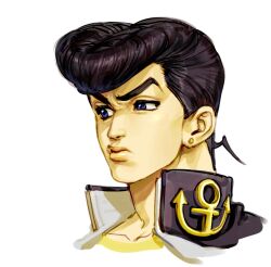  1boy anchor_symbol black_hair black_jacket blue_eyes closed_mouth collared_jacket commentary_request cropped_shoulders diamond_wa_kudakenai earrings higashikata_josuke high_collar highres jacket jewelry jojo_no_kimyou_na_bouken korean_commentary looking_to_the_side male_focus piercing pompadour pursed_lips raised_eyebrow santamanymany shirt short_hair sideways_glance simple_background solo stud_earrings thick_eyebrows uneven_eyes very_short_hair white_background yellow_shirt 