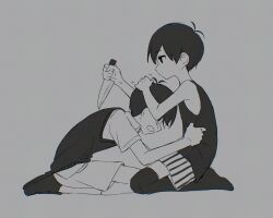  2boys antenna_hair chinese_commentary closed_mouth collared_shirt commentary_request expressionless greyscale hand_on_another's_head highres invisible_floor leaning_forward makucrp monochrome multiple_boys omori omori_(omori) open_mouth seiza shirt shoes short_hair short_sleeves shorts simple_background sitting socks striped_clothes striped_shorts sunny_(omori) sweater_vest tank_top thigh-highs vertical-striped_clothes vertical-striped_shorts 