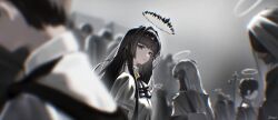  absurdres arknights ascot black_ascot black_eyes black_hair black_halo blurry collared_shirt crowd deemer depth_of_field halo highres long_hair looking_at_viewer mole mole_under_eye open_mouth shirt virtuosa_(arknights) white_shirt 