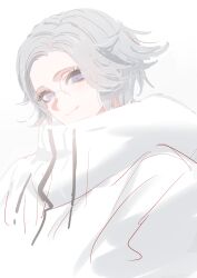  1boy absurdres aotsuki_eito black_gloves blue_eyes closed_mouth commentary_request cropped_shoulders drawstring eyelashes fug_uai glasses gloves grey_hair high_collar highres jacket long_sleeves male_focus short_hair simple_background sketch smile solo the_hundred_line_-last_defense_academy- white_background white_jacket zipper_pull_tab 