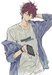  1boy amagi_rinne arms_behind_head blue_jacket blush brown_hair cellphone closed_eyes crossed_bangs earrings ensemble_stars! gougougougou hair_between_eyes holding holding_phone jacket jewelry male_focus open_clothes phone red_hair shirt simple_background sketch smartphone smile solo upper_body white_background white_shirt 