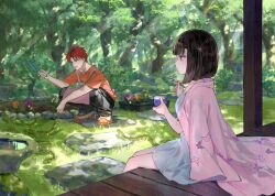  1boy 1girl absurdres black_hair black_pants butterfly_print_haori commentary_request cup day doutoku_oumi dress from_side fuzichoco grass hair_ornament haori highres holding holding_cup holding_shovel holding_spoon japanese_clothes kakou_shinone open_mouth orange_shirt orange_shoes outdoors pants pink_haori plant pond porch red_hair second-party_source shinpen_koten_koi_shinjuu shirt shoes short_hair short_sleeves shovel sitting snake spoon squatting sweat tree white_dress wooden_floor 