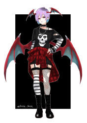  1girl alternate_costume asymmetrical_legwear band_shirt black_boots black_collar black_shirt boots bracelet chain chain_necklace clothes_around_waist collar commentary darkstalkers demon_girl demon_wings eyeshadow fishnet_thighhighs fishnets full_body gothic_punk head_wings jewelry layered_sleeves lilith_(darkstalkers) long_shirt long_sleeves looking_at_viewer makeup merchandise misfits mismatched_legwear necklace plaid_clothes plaid_sweater punk purple_hair red_sweater rosie_rosie shirt short_hair short_over_long_sleeves short_sleeves skull_print sleeves_past_wrists solo spiked_bracelet spiked_collar spikes standing striped_sleeves sweater sweater_around_waist t-shirt thigh-highs wings 