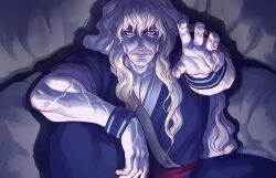  1boy arm_rest cheekbones commentary dark dark_room english_commentary forearms highres hunter_x_hunter long_hair looking_at_viewer luisarts15 male_focus mature_male muscular muscular_male outstretched_hand pectoral_cleavage pectorals reaching reaching_towards_viewer short_sleeves silva_zoldyck solo veins veiny_arms white_hair 