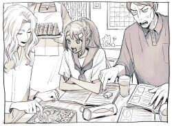  2boys 2girls alternate_costume commentary_request deme_game dietrich_gregor_lamine eraser esmeralda_sinza fabio_gil_toro_alvarez fire_emblem fire_emblem:_fortune's_weave food fruit long_hair lunchbox monochrome multiple_boys multiple_girls school_uniform watermelon watermelon_slice 