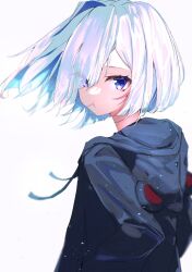  1girl alternate_costume amane_kanata animal_hood asymmetrical_bangs asymmetrical_hair bear_hood black_jacket blue_hair bob_cut candy colored_inner_hair commentary eyes_visible_through_hair food food_in_mouth from_behind from_side grey_hair hair_over_one_eye hand_in_pocket highres hololive hood hooded_jacket jacket lollipop lollipop_in_mouth looking_at_viewer looking_back looking_to_the_side missing_wings multicolored_hair short_hair single_hair_intake solo sui._(suikun) upper_body violet_eyes virtual_youtuber 