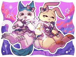  2others bow cat chibikemo chiikawa claws dress full_body furry hachiware_(chiikawa) hachiware_(chimera)_(chiikawa) highres looking_at_viewer magical_girl multiple_others orca_109 purple_background rabbit usagi_(chiikawa) usagi_(chimera)_(chiikawa) 