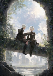  1boy 1girl 2b_(nier:automata) 9s_(nier:automata) arch black_boots black_dress black_gloves black_hairband black_jacket black_shorts black_socks blue_eyes blue_sky boots breasts cleavage_cutout clothing_cutout clouds cloudy_sky commentary day dress english_commentary eye_contact feather-trimmed_sleeves flower giving gloves hairband highres holding holding_flower jacket juliet_sleeves kneehighs long_sleeves looking_at_another lunar_tear medium_breasts mitsuki_nite nier:automata nier_(series) no_blindfold outdoors overgrown plant puffy_sleeves ruins short_hair shorts sitting sky socks thigh_boots vines water white_flower white_hair 