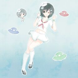  1girl absurdres anchor_hair_ornament anchor_symbol bandaid bandaid_on_head black_hair black_shoes blue_background chibi commentary cropped_shirt full_body gradient_background green_eyes hair_ornament highres kneehighs looking_at_viewer midriff miniskirt murasa_minamitsu navel neckerchief nini_(minamitsutan) one_eye_closed red_neckerchief shirt shoes short_hair short_sleeves simple_background skirt socks solo touhou ufo white_shirt white_skirt white_socks wrist_cuffs 