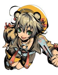  1boy ahoge animal_ears blonde_hair boots bow brown_boots commentary_request emil_chronicle_online flipped_hair folded_fan folding_fan green_eyes hand_fan hat hat_bow holding holding_fan open_mouth panico pants red_bow red_ribbon ribbon ribbon-trimmed_shirt ribbon_trim shirt shirt_bow shugoma_kikuzuki solo yellow_hat yellow_pants yellow_shirt 