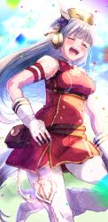  1girl animal_ears armband blunt_bangs blush boots bow breasts brown_hat closed_eyes confetti dress ear_bow ear_ribbon gloves gold_ship_(red_strife)_(umamusume) gold_ship_(umamusume) grey_hair hat highres horse_ears horse_girl horse_tail ittokyu long_hair medium_breasts open_mouth outdoors pantyhose pillbox_hat red_bow red_dress sky sleeveless sleeveless_dress smile solo striped_armband striped_clothes tail teeth umamusume upper_teeth_only white_boots white_gloves white_pantyhose 