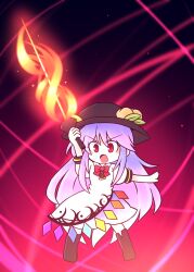  1girl 216 :o arm_up black_hat blue_hair blue_skirt blush boots bow bowtie brown_boots commentary deformed fire food food-themed_hair_ornament fruit fruit_hat_ornament full_body hair_between_eyes hair_ornament hat hat_ornament highres hinanawi_tenshi holding holding_sword holding_weapon leaf leaf_hat_ornament long_hair no_nose open_mouth peach peach_hat_ornament puffy_short_sleeves puffy_sleeves rainbow_gradient rainbow_order red_background red_bow red_bowtie red_eyes shirt short_sleeves skirt solo split_mouth standing sword sword_of_hisou tenshi_day touhou v-shaped_eyebrows very_long_hair weapon white_shirt 