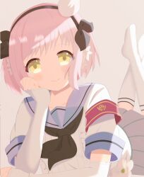  1girl absurdres armband black_hairband bud closed_mouth commentary flower grey_background grey_skirt hair_flower hair_ornament hairband hand_on_own_face highres looking_at_viewer lying magical_girl mahou_shoujo_ikusei_keikaku mahou_shoujo_ikusei_keikaku_unmarked on_stomach pink_hair sailor_collar school_uniform short_hair skirt smile snow_white_(mahoiku) socks teepa untranslatable_commentary white_flower white_socks yellow_eyes 