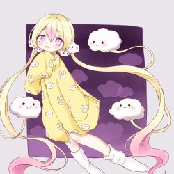  1girl absurdly_long_hair animal_print blonde_hair blush cloud_hair_ornament cloud_print commentary_request hair_ornament highres long_hair magical_girl mahou_shoujo_ikusei_keikaku mahou_shoujo_ikusei_keikaku_unmarked multicolored_hair nemurin open_mouth pajamas pink_hair qoo_1025 rabbit_print smile socks two-tone_hair very_long_hair white_socks yellow_pajamas 