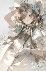  1girl :o ;o absurdres arm_up blue_flower character_request commission copyright_request dated dress flower gloves grey_hair hair_flower hair_ornament hair_ribbon hat highres holding long_hair looking_at_viewer mihuashi_commission one_eye_closed open_mouth puffy_short_sleeves puffy_sleeves ribbon short_sleeves solo suzumi_(ccroquette) swept_bangs violet_eyes watermark white_dress white_gloves white_hat 