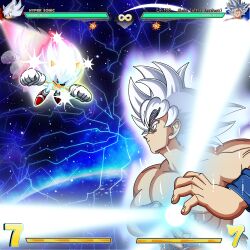  2boys absurdres animal_ears animal_nose arttoon1 aura battle battle_damage black_nose body_fur dragon_ball dragon_ball_super fake_screenshot fighting_game furry furry_male gameplay_mechanics gloves grey_eyes health_bar hedgehog_boy highres hyper_sonic kamehameha_(dragon_ball) light_trail male_focus multiple_boys muscular muscular_male rainbow_gradient red_aura red_eyes red_shoes serious shoes short_tail smile son_goku sonic_(series) sonic_the_hedgehog sonic_the_hedgehog_(classic) sonic_the_hedgehog_3 spiky_hair tail topless_male ultra_instinct white_fur white_gloves white_hair wristband yellow_aura 