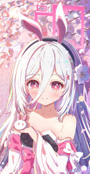  1girl absurdres animal_ear_hairband animal_ears artist_name black_hairband blue_archive blush breasts chinese_clothes clothing_request colorful commentary_request double-parted_bangs dress fake_animal_ears flower gradient_hair hair_between_eyes hair_flower hair_ornament hairband halo highres incredibly_absurdres kei_(blue_archive) long_hair long_hair_between_eyes looking_at_viewer loosely_tucked_bangs multicolored_hair nacoko off-shoulder_dress off_shoulder pink_eyes pink_halo rabbit rabbit_ear_hairband rabbit_ears rectangular_halo ringed_eyes small_breasts smile white_dress white_flower white_hair 