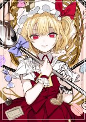  1girl absurdres ascot blonde_hair blue_bow bow candy checkerboard_cookie chocolate commentary_request cookie cowboy_shot daimaou_ruaeru flandre_scarlet food grin hat hat_bow highres holding holding_spoon lollipop looking_at_viewer macaron medium_hair mob_cap one_side_up oversized_object red_bow red_eyes red_skirt red_vest shirt short_sleeves skirt smile solo spoon touhou vest white_hat white_shirt wrist_cuffs yellow_ascot 