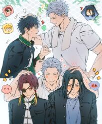  6+boys absurdres black_hair chinese_clothes furin_high_school_uniform grey_shirt headpat height_difference highres jacket long_hair male_focus multiple_boys nirei_akihiko open_clothes open_jacket sakura_haruka_(wind_breaker) school_uniform shirt spoken_character sugishita_kyoutarou suo_hayato sweat t-shirt tangzhuang towel towel_around_neck umemiya_hajime white_shirt wind_breaker_(nii_satoru) yoon_(dmsco1803) 
