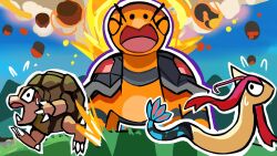  black_eyes blue_sky claws closed_eyes commentary day debris english_commentary eruption_(pokemon) fang fire fleeing flying_sweatdrops golem_(pokemon) grass milotic mountainous_horizon no_humans nostrils open_mouth outdoors outline pokemon pokemon_(creature) pokemon_focus pokemon_move purple_outline scared second-party_source sky smoke spyg torkoal v-shaped_eyebrows video_thumbnail white_outline youtube_video_thumbnail 