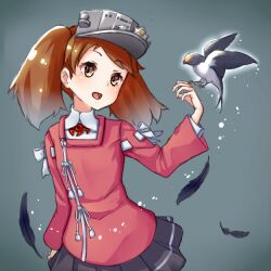  1girl bad_id bad_tumblr_id bird bird_on_hand bird_request black_feathers black_skirt blush brown_hair commentary_request feathers grey_hat hat japanese_clothes kantai_collection kariginu long_sleeves magatama open_mouth orange_eyes pensuke pleated_skirt ryuujou_(kancolle) simple_background skirt solo tassel twintails visor_cap 