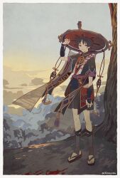  1boy armor artist_name belt black_hair black_sandals black_shirt black_shorts black_socks blood blood_on_ground blue_sky blunt_ends border branch chinikuniku clouds cloudy_sky commentary_request day eyeshadow fingernails floating_clothes full_body genshin_impact gold_necklace hand_up hat highres implied_murder japanese_armor jellyfish_cut jewelry jingasa kote kurokote looking_at_viewer makeup male_focus mandarin_collar mitsudomoe_(shape) necklace outdoors parted_bangs purple_belt red_eyeshadow red_hat ribbon rope sandals scaramouche_(genshin_impact) scaramouche_(harbinger)_(genshin_impact) scenery see-through_clothes see-through_veil shirt short_hair short_sleeves shorts sky smile socks solo standing tassel teeth toenails tomoe_(symbol) tree veil violet_eyes white_border white_ribbon yellow_sky 
