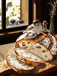  animal_focus animated animated_gif beak bird bottle bread food food_focus highres indoors kroizzz looping_animation no_humans original pixel_art shadow sparrow vase window 