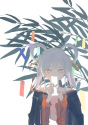  1girl absurdres backlighting bamboo bare_shoulders black_kimono blue_eyes bright_pupils cho_kaguya-hime! colored_inner_hair commentary_request covered_mouth covering_own_mouth cropped_torso frilled_sleeves frills genkounikki01 hair_ornament hair_rings hands_up highres japanese_clothes kanzashi kimono light_blush long_sleeves looking_at_viewer medium_hair multicolored_hair nail_polish negative_space off_shoulder pink_streaks purple_nails red_trim runami_yachiyo runami_yachiyo_(chibi) runami_yachiyo_(tsukuyomi) short_twintails solo straight-on streaked_hair tanabata tanzaku thick_eyebrows twintails white_background white_hair white_pupils wide_sleeves 