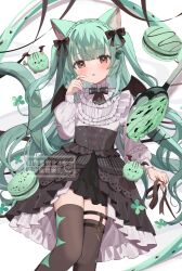  1girl animal_ears bat_wings black_dress black_ribbon blush braid brown_eyes brown_thighhighs cat_ears cat_girl cat_tail commentary_request dress food goma_(u_p) green_hair hair_ribbon highres long_hair looking_at_viewer lying macaron on_back original parted_lips petticoat ribbon solo spoon tail thigh-highs very_long_hair watermark wings 