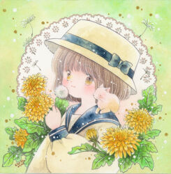  1girl black_ribbon black_sailor_collar brown_hair closed_mouth commentary dandelion dandelion_seed flower green_background hat hat_ribbon holding holding_flower kamiya_kaori long_sleeves original painting_(medium) puffy_long_sleeves puffy_sleeves ribbon sailor_collar shirt short_hair smile solo traditional_media upper_body watercolor_(medium) yellow_eyes yellow_hat yellow_shirt 