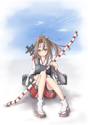  1girl arrow_(projectile) bow_(weapon) brown_eyes brown_hair commentary_request hachimaki hakama hakama_shorts headband highres holding holding_weapon japanese_clothes kantai_collection kimono long_hair looking_at_viewer mokichi812 muneate open_mouth ponytail quiver red_hakama shorts simple_background sitting solo tabi weapon white_kimono wide_sleeves zuihou_(kancolle) 