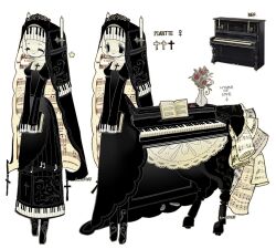  1girl artist_name black_dress black_eyes bomal1215 book candle centaur colored_skin commentary cross dot_nose dress english_commentary english_text flower full_body holding holding_book instrument juliet_sleeves long_sleeves looking_at_viewer musical_note musical_staff musical_staff_print nun nun_headdress original personification piano piano_print puffy_sleeves reference_inset sleeves_past_fingers sleeves_past_wrists taur vase venus_symbol white_background white_skin 