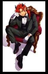  1boy absurdres alternate_costume black_border black_bow black_bowtie black_horns black_jacket black_pants black_shoes black_socks black_vest border bow bowtie chair commentary_request dark-skinned_male dark_skin demon_boy dragon_quest dragon_quest_x facial_hair formal_clothes from_above full_body gloves highres horns jacket long_hair looking_at_viewer looking_up low_ponytail male_focus nanamono_0414 on_chair pants pointy_ears ponytail red_hair shirt shoes sitting slit_pupils smile socks solo stubble vest white_background white_gloves white_shirt yellow_eyes yushuka_(dragon_quest) 