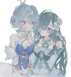  2girls aqua_dress aqua_eyes aqua_hair aqua_sleeves ballerina bare_shoulders blue_dress blue_hair choker collar detached_sleeves dress feather_hair_ornament feathers fins flower frilled_collar frilled_sleeves frills fur_collar fur_sleeves gem genshin_impact gold_trim grey_choker hair_flower hair_ornament hair_over_one_eye hand_on_another's_face head_fins highres hnhn_878741 light_blush light_smile long_hair looking_at_another merfolk mermaid monster_girl multiple_girls odette_(genshin_impact) one_eye_covered pearl pearl_hair_ornament puffy_sleeves silver_trim sitting very_long_hair violet_eyes vodyanitsa_(genshin_impact) white_background white_dress white_flower white_sleeves yuri 