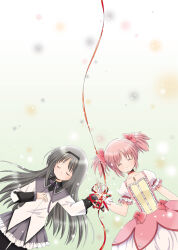  2girls ^_^ akemi_homura akemi_homura_(magical_girl) black_hair black_hairband black_pantyhose bow breasts closed_eyes closed_mouth collarbone commentary_request dress dress_bow frilled_skirt frilled_sleeves frills green_background hair_bow hairband hand_on_own_chest highres holding_hands kamiya_kaori kaname_madoka kaname_madoka_(magical_girl) long_hair long_sleeves magical_girl mahou_shoujo_madoka_magica mahou_shoujo_madoka_magica_(anime) multiple_girls neck_ribbon pantyhose pink_bow pink_dress pink_hair pleated_skirt puffy_short_sleeves puffy_sleeves purple_ribbon purple_skirt red_ribbon ribbon shirt short_hair short_sleeves short_twintails skirt small_breasts soul_gem_(madoka_magica) string string_of_fate twintails u_u white_shirt 