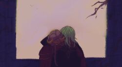  2girls branch cape commentary_request crown curly_hair edelgard_von_hresvelg edelgard_von_hresvelg_(timeskip) facing_away female_byleth_(fire_emblem) fire_emblem fire_emblem:_three_houses green_hair hoshi_(liujingxing333) long_hair multiple_girls upper_body white_hair yellow_background 