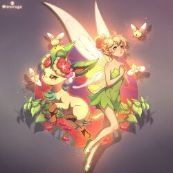  1girl bare_shoulders blonde_hair blue_eyes crossover cutiefly disney disney_fairies dress fairy fairy_wings full_body green_dress hair_bun highres leaf leafeon leoiruga mini_person minigirl pointy_ears pokemon shoes short_hair strapless strapless_dress tinker_bell_(disney) wings 
