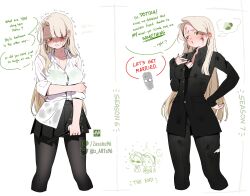  1girl black_nails black_pants black_pantyhose black_shirt black_skirt blonde_hair blush bra bra_visible_through_clothes breasts chibi chibi_inset clenched_teeth collarbone collared_shirt colored_eyelashes commentary dirty dirty_clothes dirty_face disheveled earrings english_commentary english_text gigachad_(meme) green_bra green_eyes hand_on_own_arm hands_on_own_chest harry_potter harry_potter_(series) highres holding holding_wand holding_weapon hoop_earrings injury jewelry long_hair looking_at_viewer malfoid medium_breasts meme motion_lines multiple_views open_mouth pants pantyhose patreon_logo patreon_username pleated_skirt round_eyewear shirt simple_background skirt speech_bubble sweat sweatdrop tearing_up tears teeth thought_bubble torn_clothes twitter_logo twitter_username underwear very_long_hair wand weapon wet wet_clothes wet_shirt white_background white_shirt wizarding_world yoshi_and_toad_kissing_(meme) zasshu 