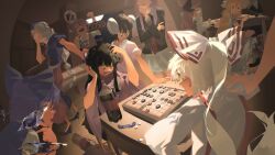  6+girls absurdres animal_ears bird_ears black_eyes black_hair black_jacket blazer blonde_hair blue_bow blue_dress blue_hair blue_hat bow bowtie braid brand_name_imitation brown_hair carrot_necklace chinese_commentary cirno closed_sign collared_shirt commentary_request constellation_print cross cross_print detached_sleeves detached_wings dress floppy_ears frilled_bow frills fujiwara_no_mokou grey_hair grey_skirt hair_bow hakurei_reimu hat highres houraisan_kaguya ice ice_wings inaba_tewi indoors jacket jewelry kinoko_(kino2435006) long_hair long_sleeves mentos missing_headwear mob_cap multiple_girls mystia_lorelei necklace necktie nurse_cap open_mouth pendant pinafore_dress pink_dress pink_hair pink_shirt playing_games pointing print_hat purple_hair purple_tabard rabbit_ears rabbit_girl red_bow red_cross red_dress red_eyes red_necktie reisen_udongein_inaba ribbon-trimmed_sleeves ribbon_trim shirt single_braid skirt sleeveless sleeveless_dress soda suspenders sweat tabard table thinking touhou two-tone_dress very_long_hair white_bow white_bowtie white_dress white_hat white_shirt wide_sleeves wings xiangqi yagokoro_eirin yakumo_yukari 