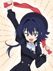  1girl aizumi_yuzuki arm_up astrae_oratio black_dress black_hat blue_eyes blue_hair breasts commentary dress full_body hair_between_eyes hair_ornament hairclip hat highres holding holding_towel jewelry long_hair long_sleeves looking_at_viewer medium_breasts necklace open_mouth shoes solo toufu_rakuen towel upper_body 