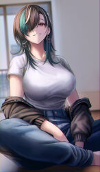  1girl absurdres alternate_costume alternate_hairstyle aqua_hair aqua_streaks black_hair black_sweater breasts commentary_request denim hair_over_one_eye highres hololive hololive_dev_is jeans konbanwa01 large_breasts long_hair multicolored_hair pants red_eyes rindo_chihaya shirt sitting smile streaked_hair sweater unzipped virtual_youtuber wheel_earring white_shirt white_streaks 