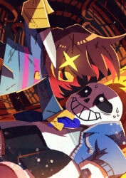  1boy 1other absurdres black_shorts blue_jacket blue_shorts blue_soul_(utdr) blue_sweater brown_hair colored_skin commentary_request deltarune frisk_(undertale) grin heart heart_necklace highres holding holding_knife hood hood_down hooded_jacket jacket jewelry knife long_sleeves lying necklace nervous_smile nervous_sweating on_back open_clothes open_jacket open_mouth sans_(undertale) shirt short_hair shorts smile soul_(utdr) sweat sweater teeth utdr_(toby_fox) watawata22 white_shirt yellow_skin 