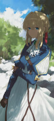  1girl absurdres adversarial_noise ascot blonde_hair blue_eyes blue_jacket blurry blurry_background braid brooch brown_gloves commentary_request cowboy_shot dress gem gloves gold_trim green_gem hair_between_eyes hair_intakes hair_ribbon highres jacket jewelry lapels long_sleeves looking_at_viewer medium_hair notched_lapels puffy_sleeves red_ribbon ribbon sidelocks solo violet_evergarden violet_evergarden_(series) white_ascot white_dress yioukei 